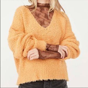 Free People Theo Fuzzy Orange V Neck Oversized Sweater Size XS